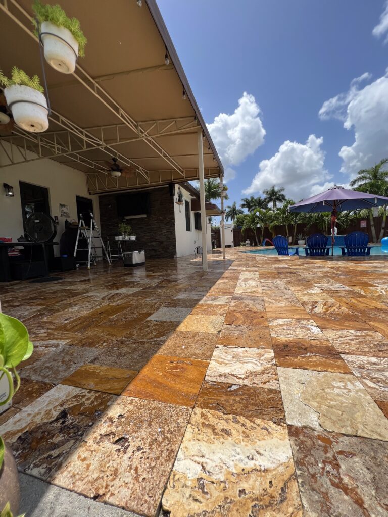 Travertine Pool Deck and Patio Paver Sealing Miami, FL, Pavers Sealing Expert, Paver sealing miami, pavers installation