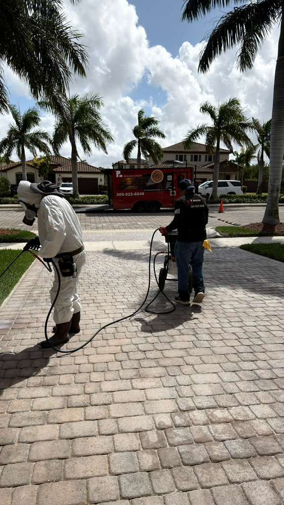 Foam cleaning a paver driveway in Miami before sealing